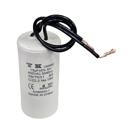 Capacitor Polipropileno 15uF x 400Vac 50/60Hz Plástico Fio CBB60 TK