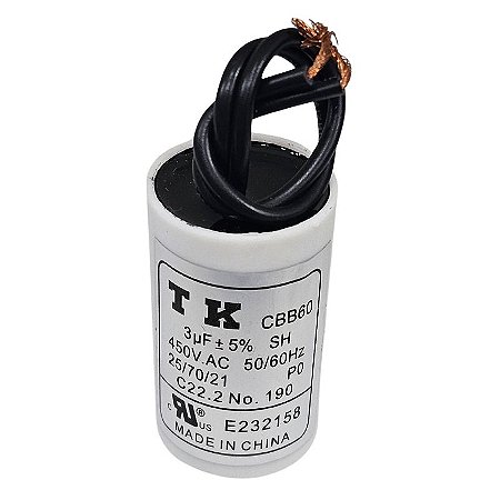 Capacitor Polipropileno 3uF x 450Vac 50/60Hz Plástico Fio TK CBB60