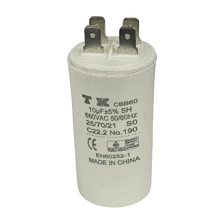 Capacitor Polipropileno 10uF x 660V 50/60Hz Plástico Faston CBB60 TK