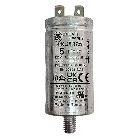 Capacitor Polipropileno 5uF x 425V 50/60Hz Alumínio Com Parafuso Ducati 416.25.3729