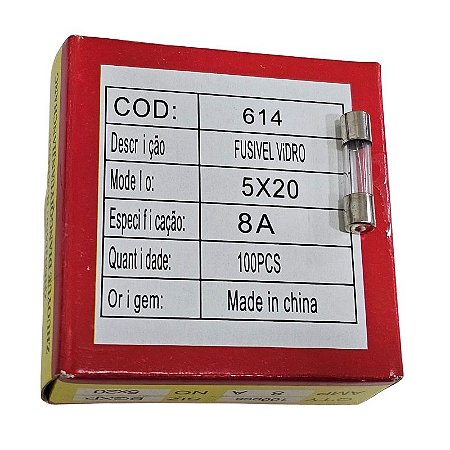 Fusível 8A 250V Pequeno 5X20 Vidro Cx 100pçs