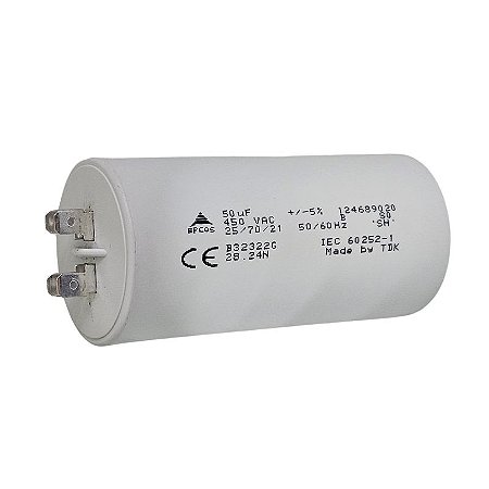 Capacitor Polipropileno 50uF x 450Vac 50/60Hz Plástico Faston Epcos