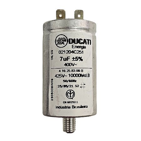 Capacitor Polipropileno 7uF x 400V 50/60Hz Alumínio Com Parafuso Ducati 416.25.8399B