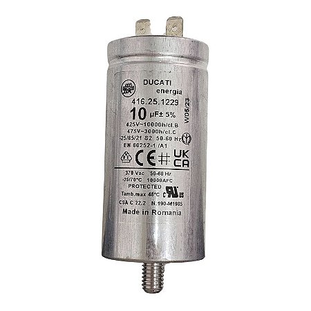 Capacitor Polipropileno 10uF x 425V 50/60Hz Alumínio Com Parafuso Ducati 416.25.1229