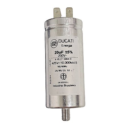 Capacitor Polipropileno 20uF x 250V 50/60Hz Alumínio Com Parafuso Ducati 416.27.5629