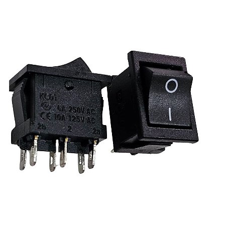 Chave Gangorra KCD1-202 6A 250V 10A 125V On Off Preta 6 Terminais