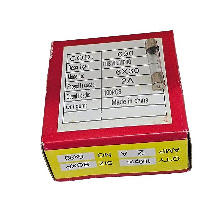 Fusível 2A 250V Grande 6x30 Vidro Kit 100pçs