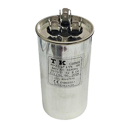 Capacitor Polipropileno Duplo 45+2.5uF x 440VAC 50/60HZ Aluminio Faston TK CBB65