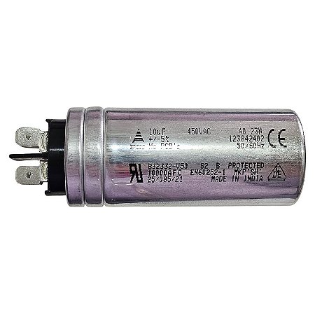 Capacitor Polipropileno 10uF x 450Vac 50/60Hz Alumínio Faston Epcos