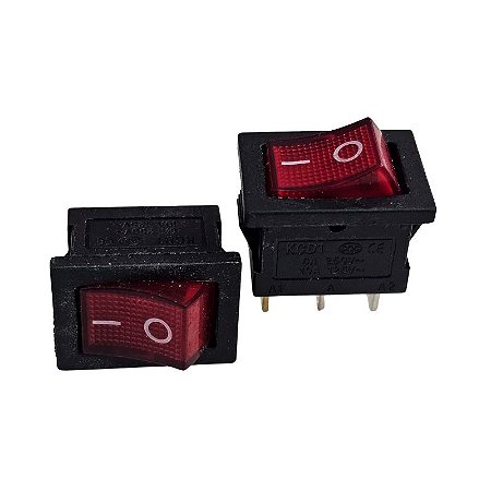 Chave Gangorra KCD1-102N 6A 250V 10A 125V 3 Terminais Vermelho