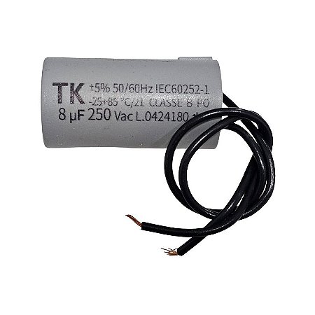 Capacitor Polipropileno 8uF x 250Vac 50/60Hz Plástico Fio TK
