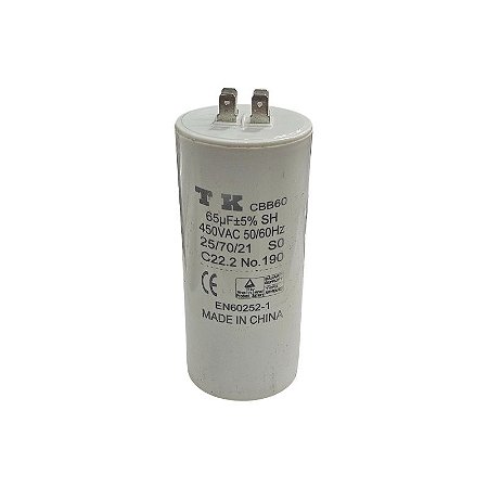 Capacitor Polipropileno 65uF x 450V 50/60HZ Plástico Faston Cbb60 Tk