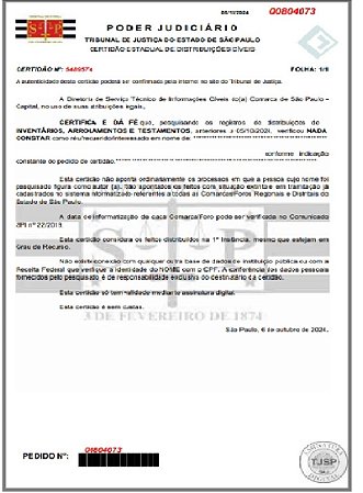 CERTIDÃO DE DISTRIBUIÇAO DE INVENTÁRIOS, ARROLAMENTOS E TESTAMENTO