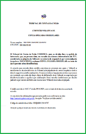 CERTIDAO NEGATIVA DO TRIBUNAL DE CONTAS DA UNIAO - TCU