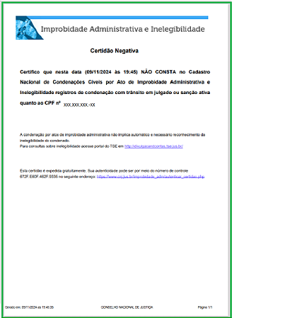 CNJ CERTIDAO DE IMPROBIDADE ADMINISTRATIVA E INELEGIBILIDADE