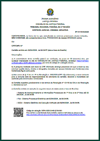 CERTIDAO JUDICIAL FEDERAL DE PRIMEIRA INSTANCIA - CRIMINAL, CIVEL, FINS ELEITORAIS
