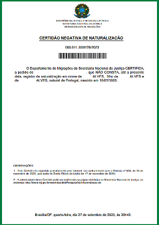 CNN - CERTIDAO DE  NÃO NATURALIZAÇÃO  OU  CPN CERTIDAO POSITIVA
