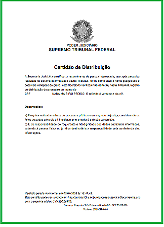 STF  - CERTIDAO DE DISTRIBUIÇÃO