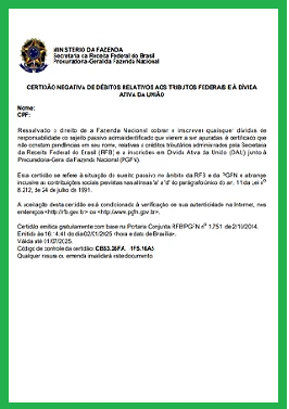 CERTIDAO FEDERAL -  CERTIDAO NEGATIVA DE DEBITOS RELATIVA AOS TRIBUTOS FEDERAIS E A DÍVIDA ATIVA DA UNIAO