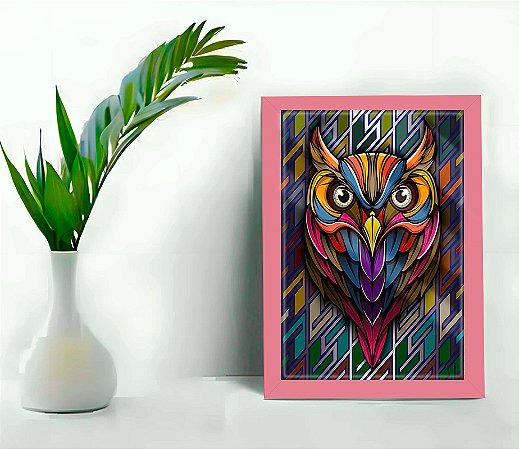 Quadro Decorativo Abstrato Coruja C/ Moldura e Vidro 33x25