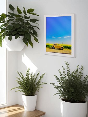 Quadro Decorativo Paisagem Fusca C/ Moldura e Vidro 33x25cm