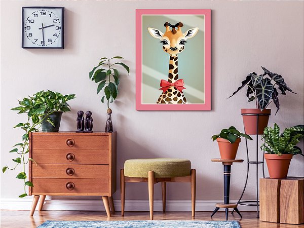 Quadro Decorativo Girafa Baby C/ Laço Sala Quarto + Vidro A4