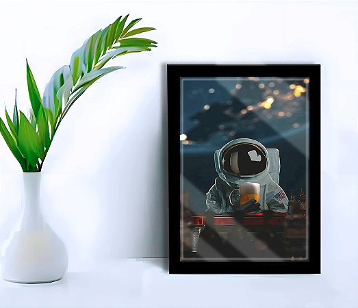 Quadro Decorativo Astronauta Beer Sala Bar + Vidro 33x25 A4