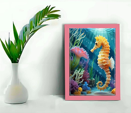 Quadro Decorativo Cavalo Marinho Sala Quarto +Vidro 33x25 A4