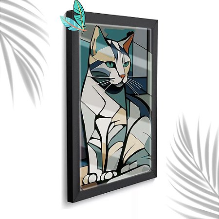 Quadro Decorativo Gato Abstrato + Vidro 33x25 Sala Quarto