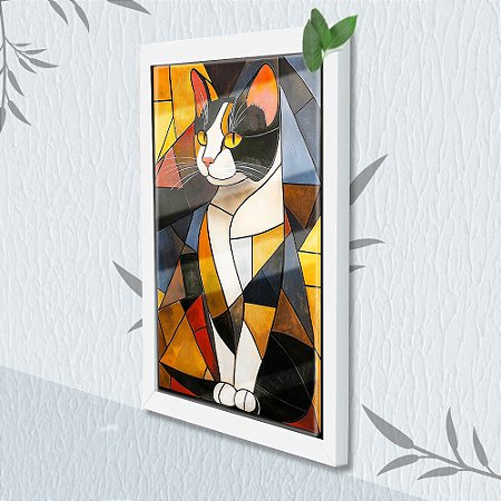 Quadro Decorativo Gato Abstrato + Vidro 33x25 Sala Quarto
