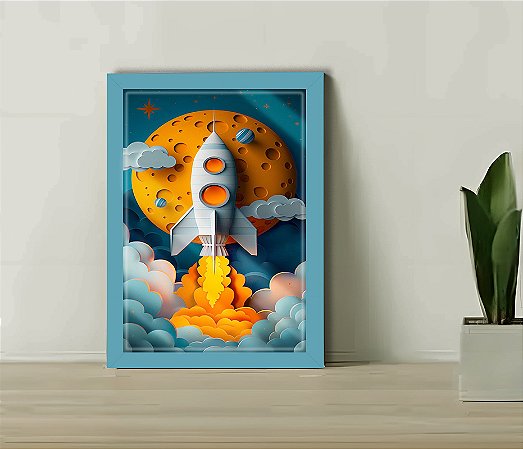 Quadro Decorativo Infantil Foguete Espacial + Vidro 33x25