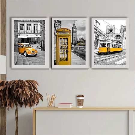 Quadro Decorativo City London Yellow + Vidro 33x25 3pç Sala