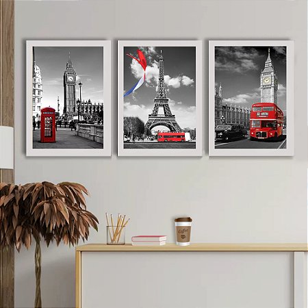 Quadro Decorativo City Paris London + Vidro 33x25 3pç Quarto
