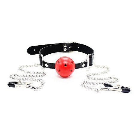 Mordaça com Bola e Grampos de Mamilo - 8092