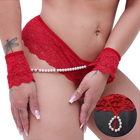 Calcinha Tailandesa Rendada Com Pérolas e Algema Vermelha - 4265