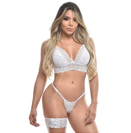 Conjunto Top Rendado Com Persex Sensual Branco Tamanhos - 28191