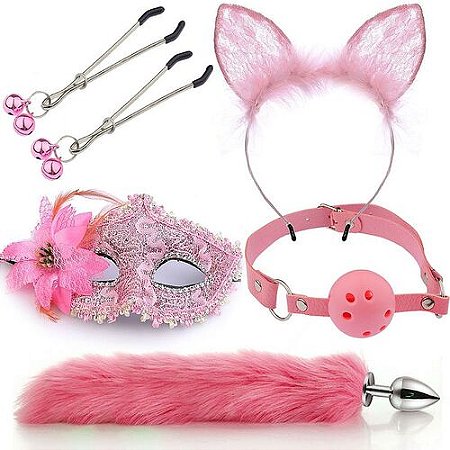 Kit Plug Raposa Tiara de Orelhas Grampos seios Gargantilha Mascara Rosa - 7343