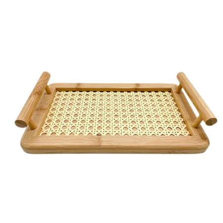 Bandeja Retangular De Bambu Textura Palha De Alça Decoração-35 x 20 x 7,5