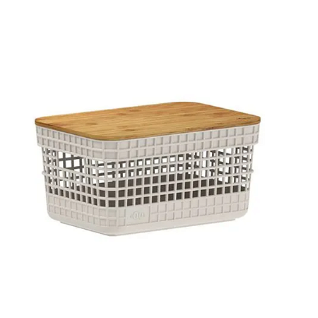 Cesto Plástico Grid Com Tampa de Bambu-20L