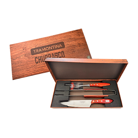 Kit Churrasco Tramontina 3 Peças com Cabo de Madeira Vermelho