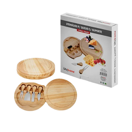 Jogo 4 Utensilios De Cozinha Para Queijo Com Suporte Madeira