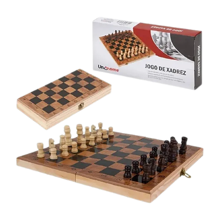 Jogo Classico Tabuleiro Xadrez Maleta Madeira Dobrável 30cm