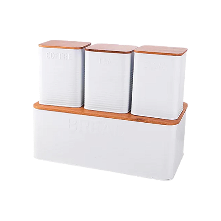 Jogo Porta Pão E Potes Coffee Tea Sugar Branco Mimo Style Cor Branco E Marrom Liso