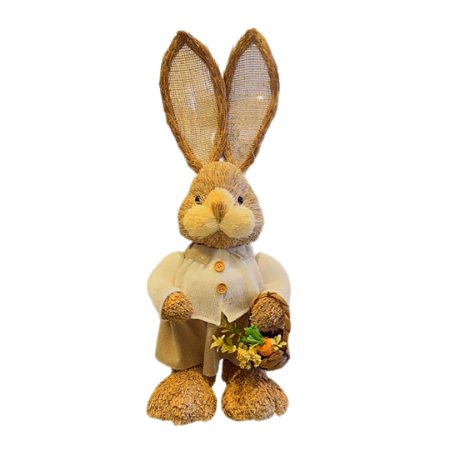 Coelho De Páscoa com cenoura na cesta em Palha Decoração Coelhinho de Roça 25cm