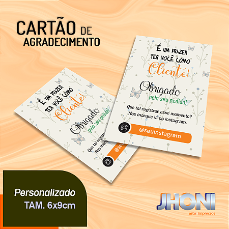 Cartão Agradecimento Personalizado 6x9cm Frente e Verso 50 unidades
