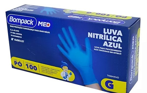 LUVA NITRILICA AZUL CA 47443/47658/47864 BOMPACK