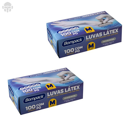 Kit 2 Caixas de Luva Descartável Latex Com Pó P/ Limpeza e Saúde Bompack Caixa 50 Pares CA 47470/38661