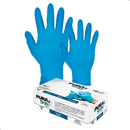 Luva Nitrílica Sem Pó Azul Puraskin Light CA 51453 Caixa 100 Unidades - Limpeza - Salão - Alimentos - Saude - Tatuagem