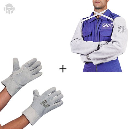 Kit Soldador EPI Luva e Mangote de Raspa Proteção Completa para Mãos e Braços