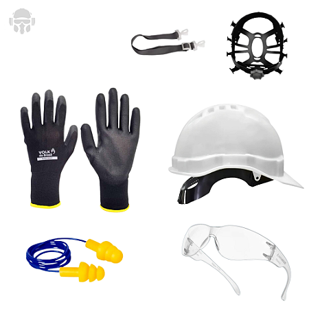 Kit EPI Segurança do Trabalho Óculos Luva Protetor Auditivo e Capacete C/ Jugular e Suspensão